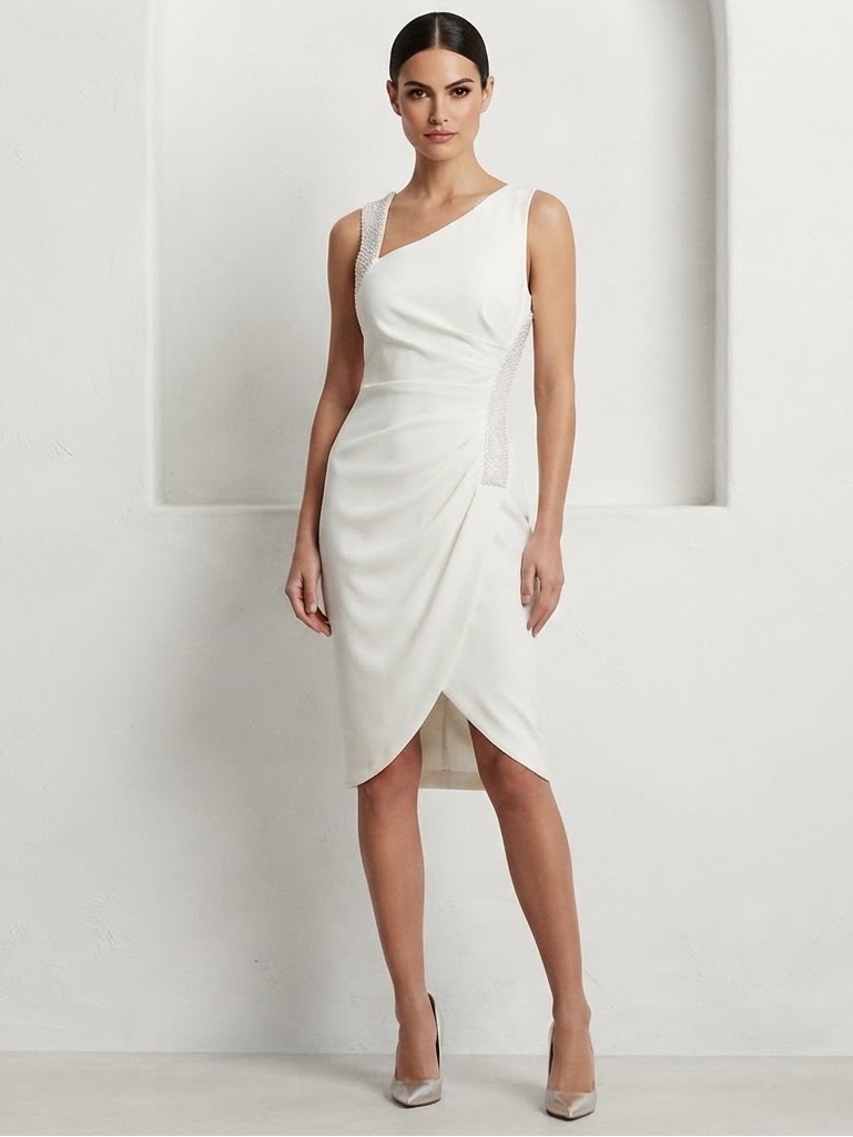 Halston Heritage Ivory One Shoulder Dress Sz 4 Crystal Embellished Ruched Party